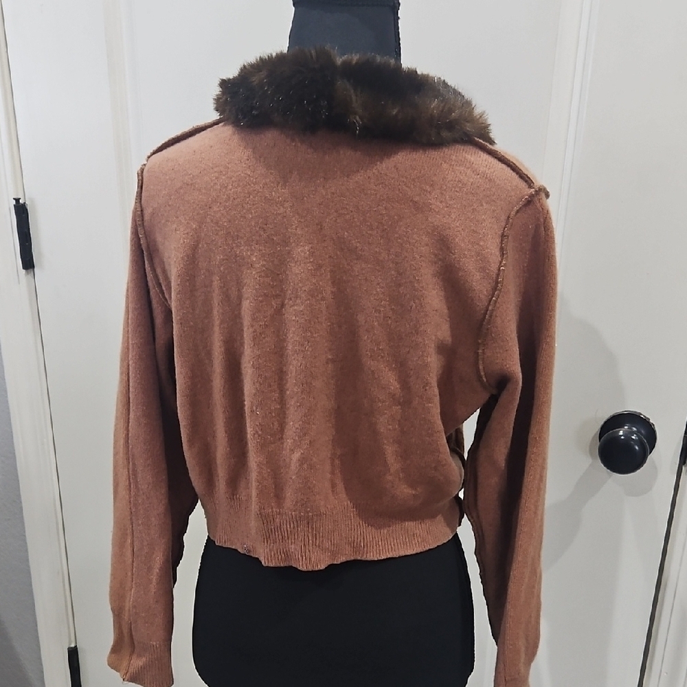 Vintage Claudette Cashmere Brown Cardigan with Faux Fur Trim size Medium - Picture 11 of 11